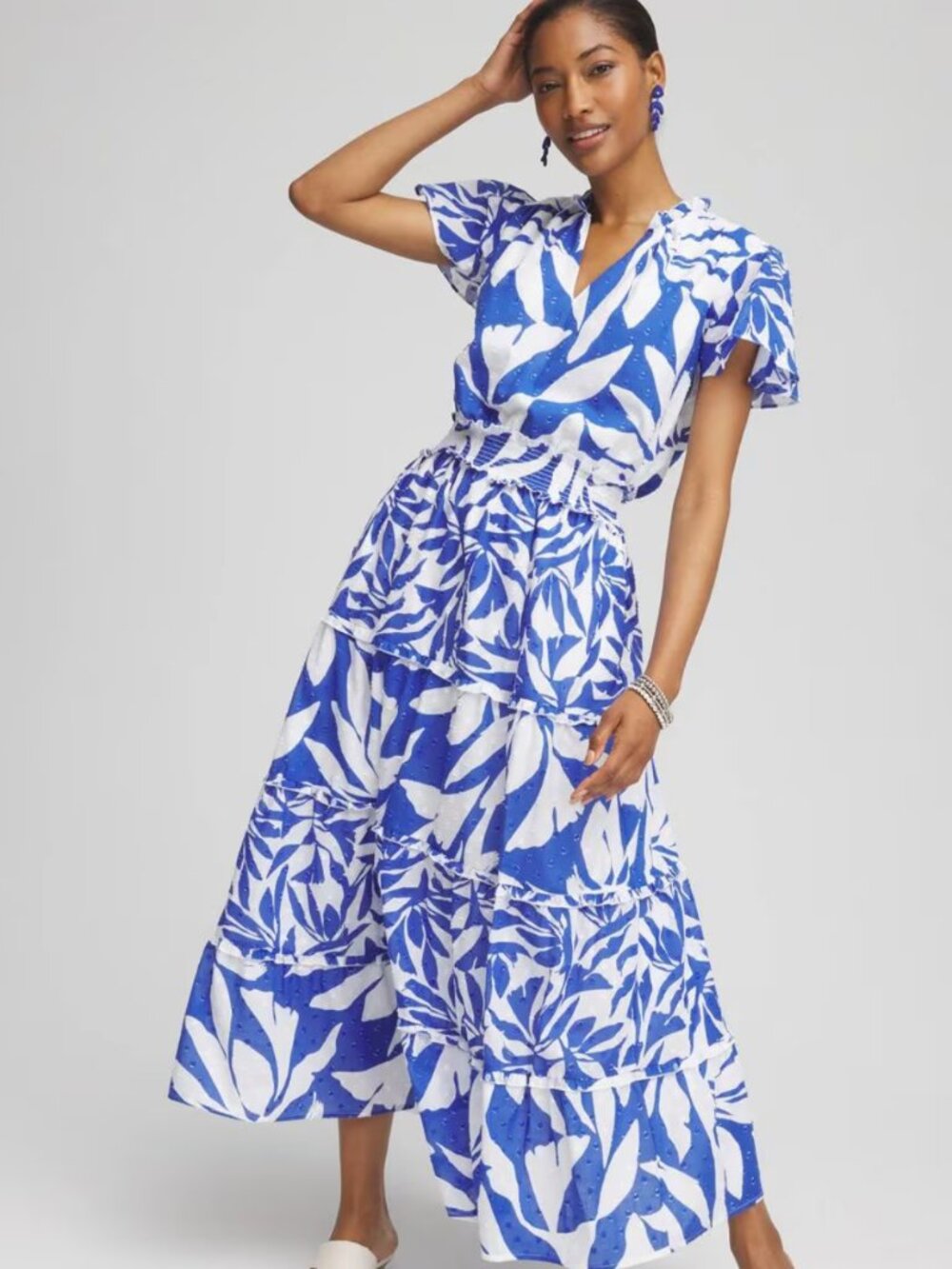 Chicos Flutter Sleeve Smocked Petite Maxi Dress Blue White Clip Dot Sz 16P - Picture 4 of 16